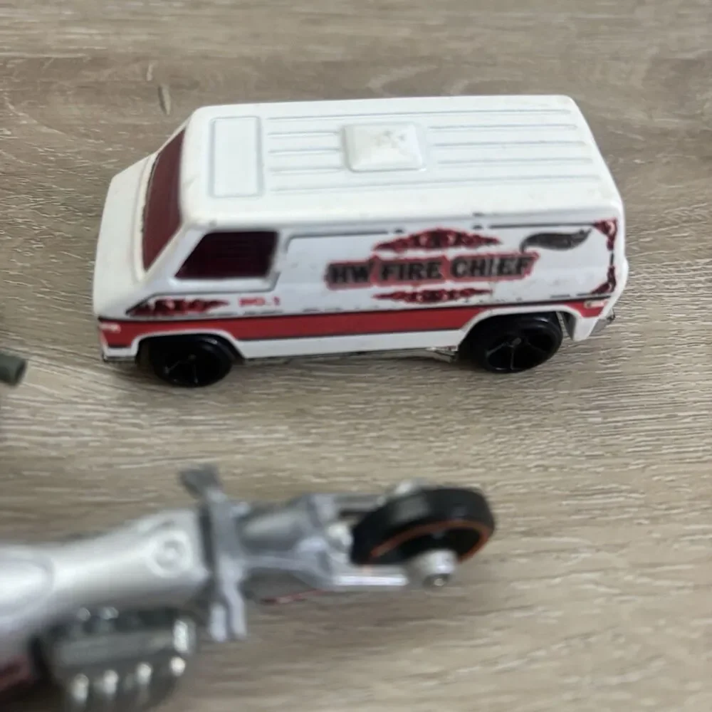 Hot Wheels Lot of 3: Fire Chief Van, Flame Motorcycle & Military Tan